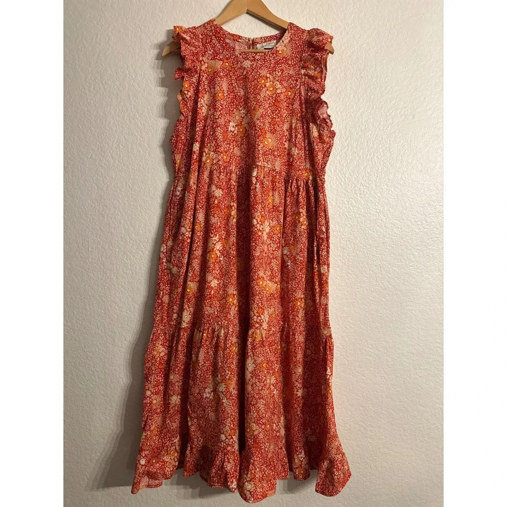 Universal Thread Floral Ruffle Maxi Dress Women XL Orange Red Tiered Sleeveless